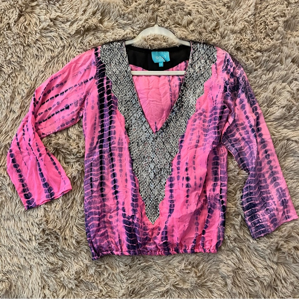 TAJ by Sabrina Crippa Silk Top S Pink and Purple Silk Top With Silver Neckline